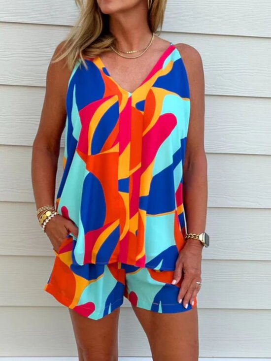 Adrienne Tops - ADRIENNE Make It Count Tank & Shorts Set | Orange and Blue Multi